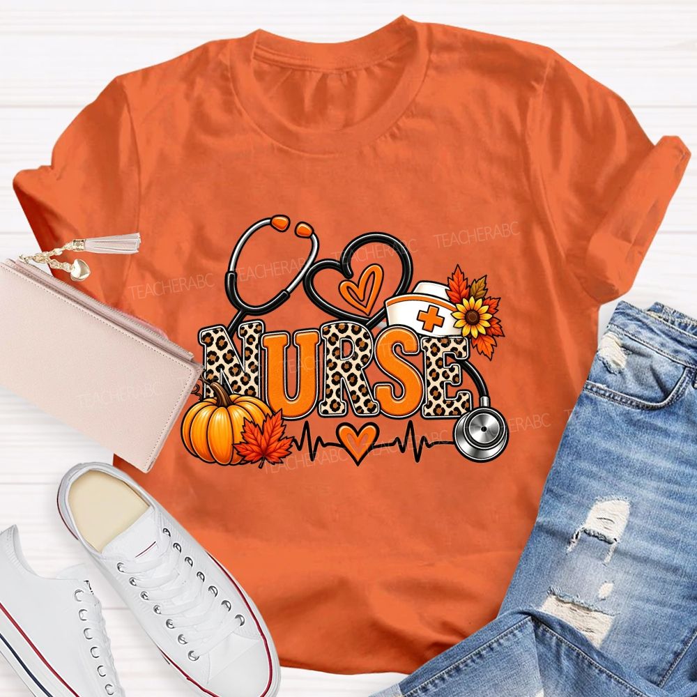 Fall Nurse Leopard Stethoscope Heartbeat T-shirt