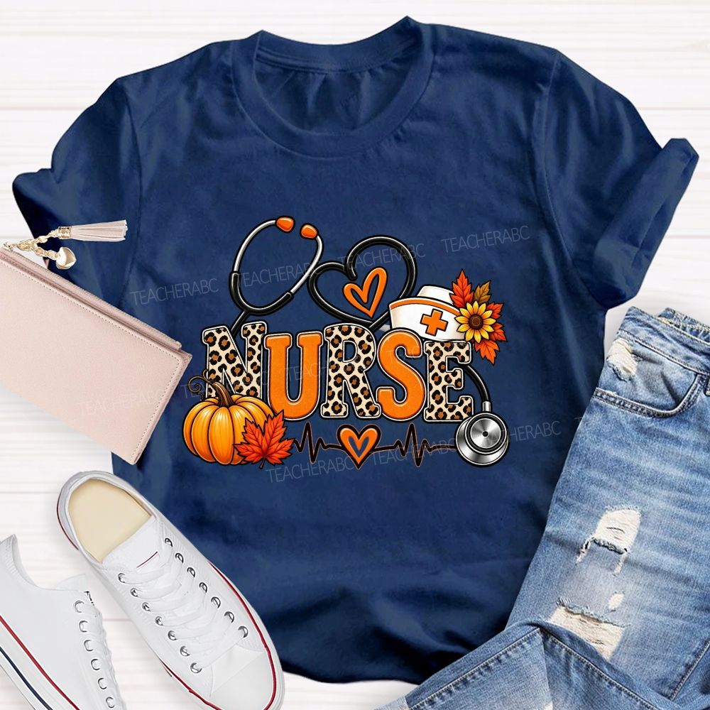 Fall Nurse Leopard Stethoscope Heartbeat T-shirt