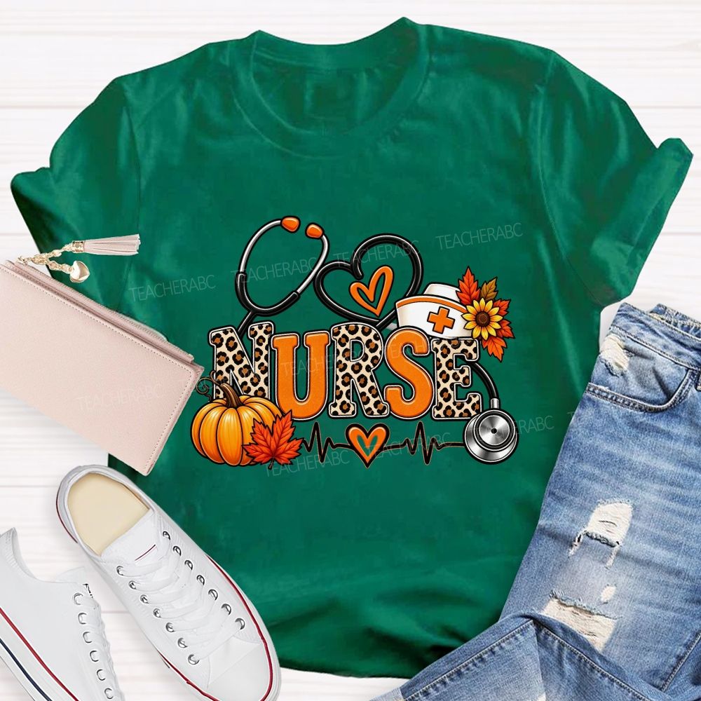 Fall Nurse Leopard Stethoscope Heartbeat T-shirt