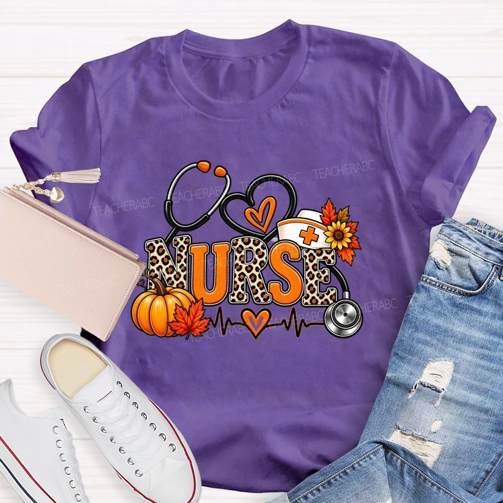 Fall Nurse Leopard Stethoscope Heartbeat T-shirt