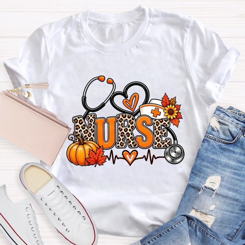Fall Nurse Leopard Stethoscope Heartbeat T-shirt