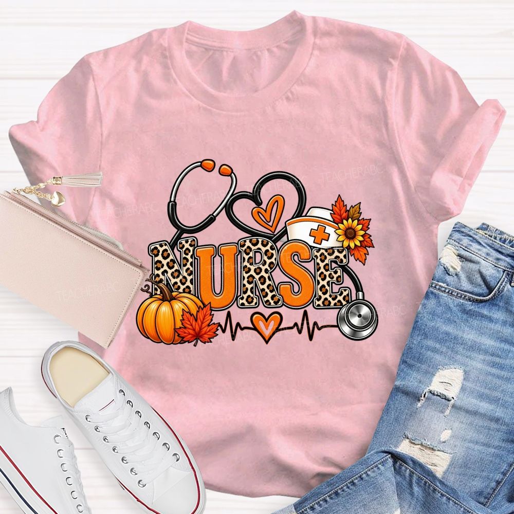 Fall Nurse Leopard Stethoscope Heartbeat T-shirt
