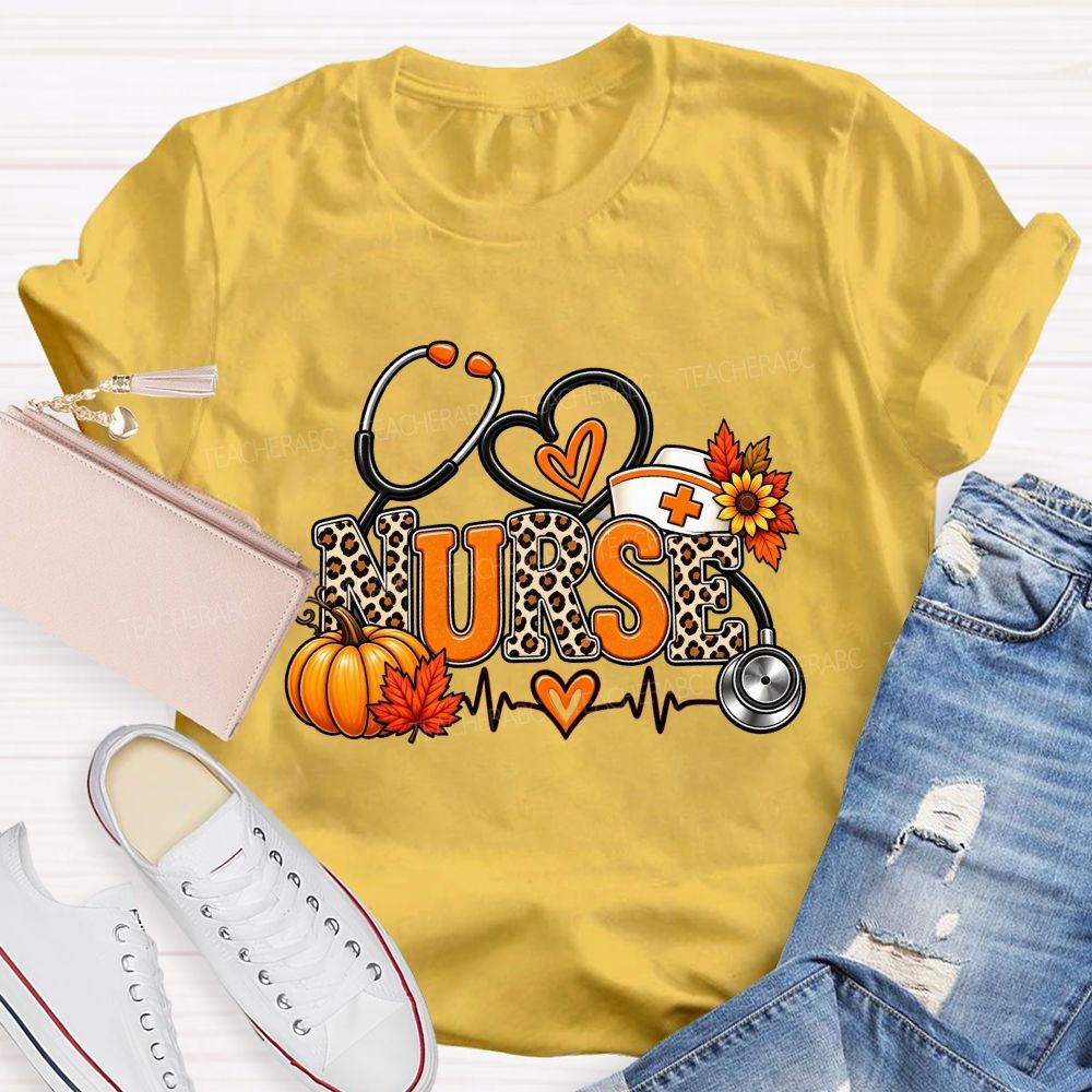 Fall Nurse Leopard Stethoscope Heartbeat T-shirt