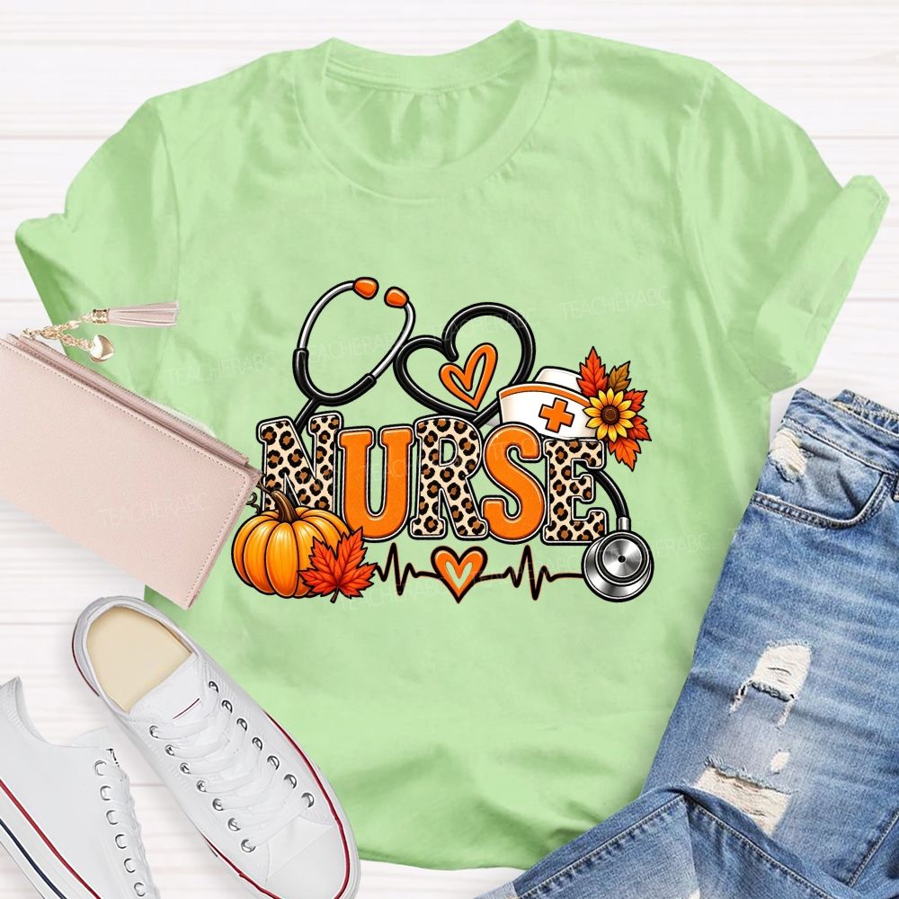 Fall Nurse Leopard Stethoscope Heartbeat T-shirt