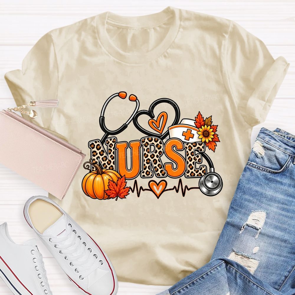 Fall Nurse Leopard Stethoscope Heartbeat T-shirt