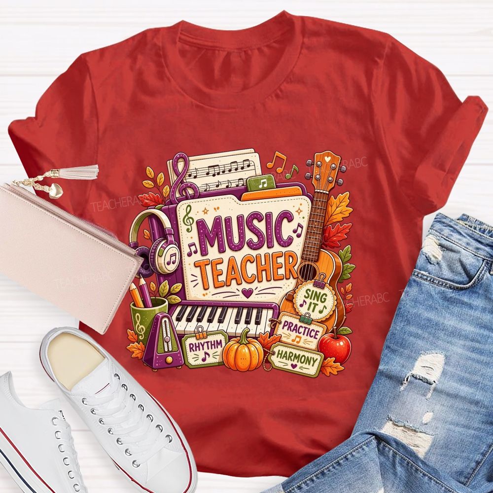 Fall Music Teacher Rhythm Harmony Vibes Teacher T-shirt