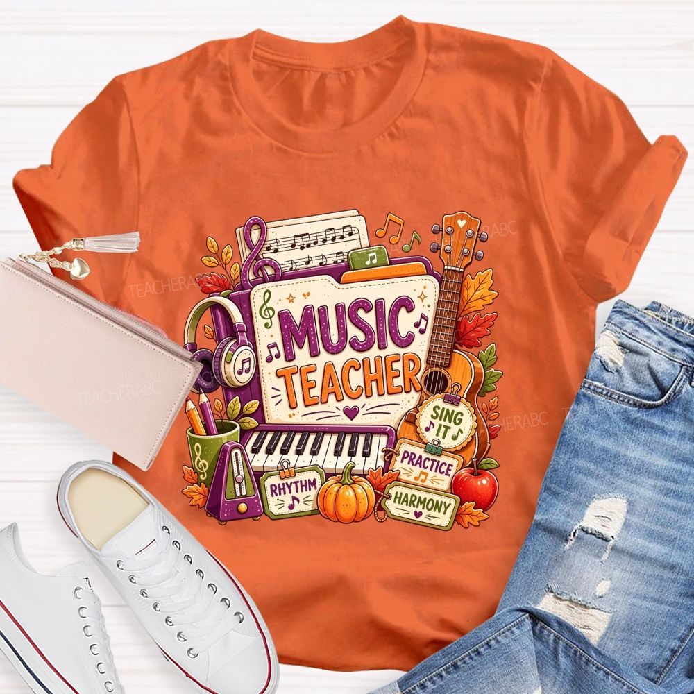 Fall Music Teacher Rhythm Harmony Vibes Teacher T-shirt