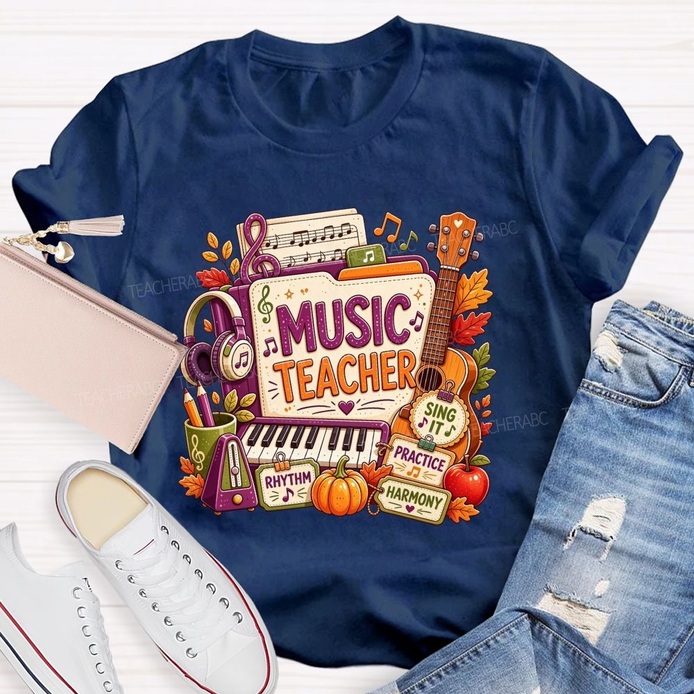 Fall Music Teacher Rhythm Harmony Vibes Teacher T-shirt