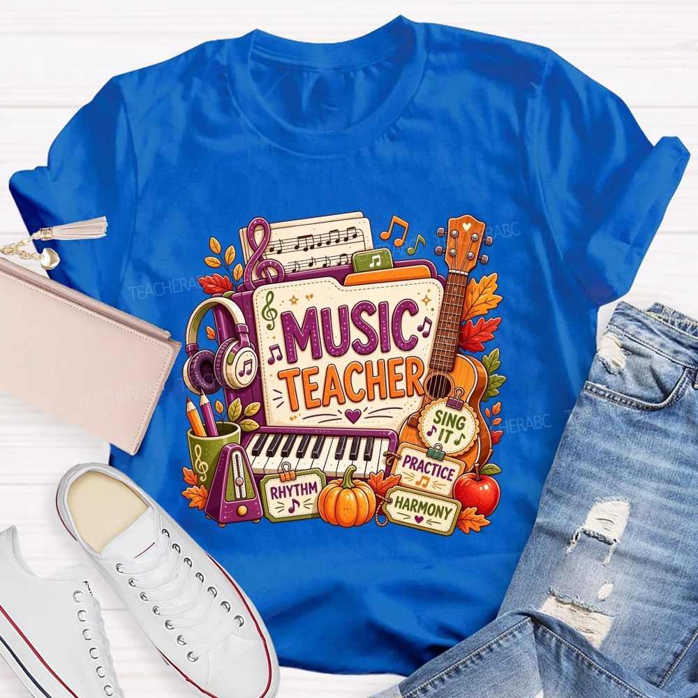 Fall Music Teacher Rhythm Harmony Vibes Teacher T-shirt