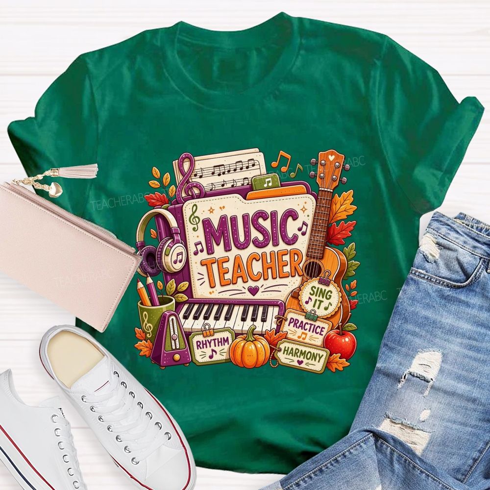 Fall Music Teacher Rhythm Harmony Vibes Teacher T-shirt