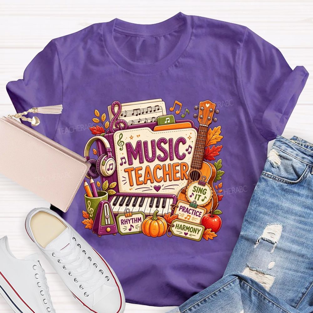 Fall Music Teacher Rhythm Harmony Vibes Teacher T-shirt