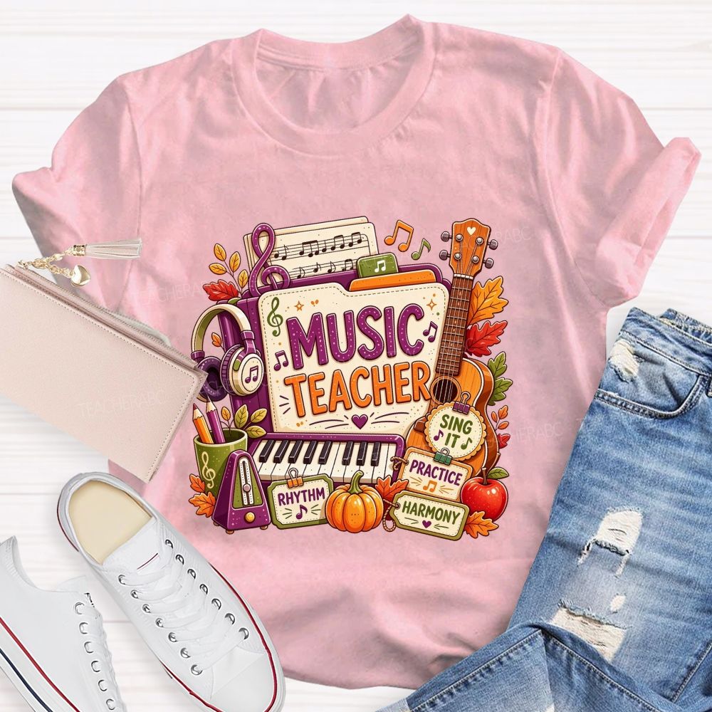 Fall Music Teacher Rhythm Harmony Vibes Teacher T-shirt
