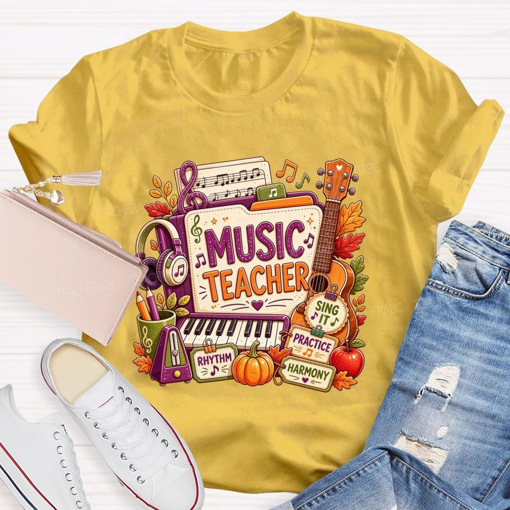 Fall Music Teacher Rhythm Harmony Vibes Teacher T-shirt