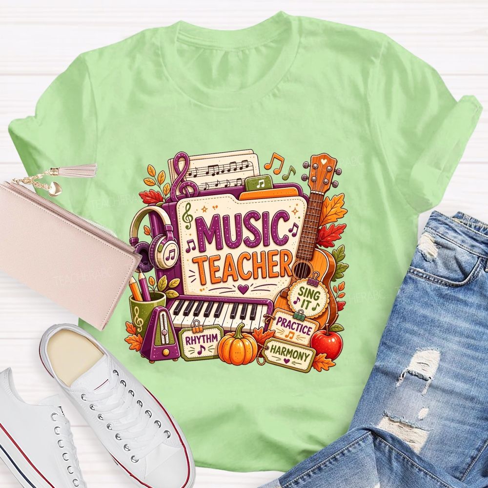 Fall Music Teacher Rhythm Harmony Vibes Teacher T-shirt