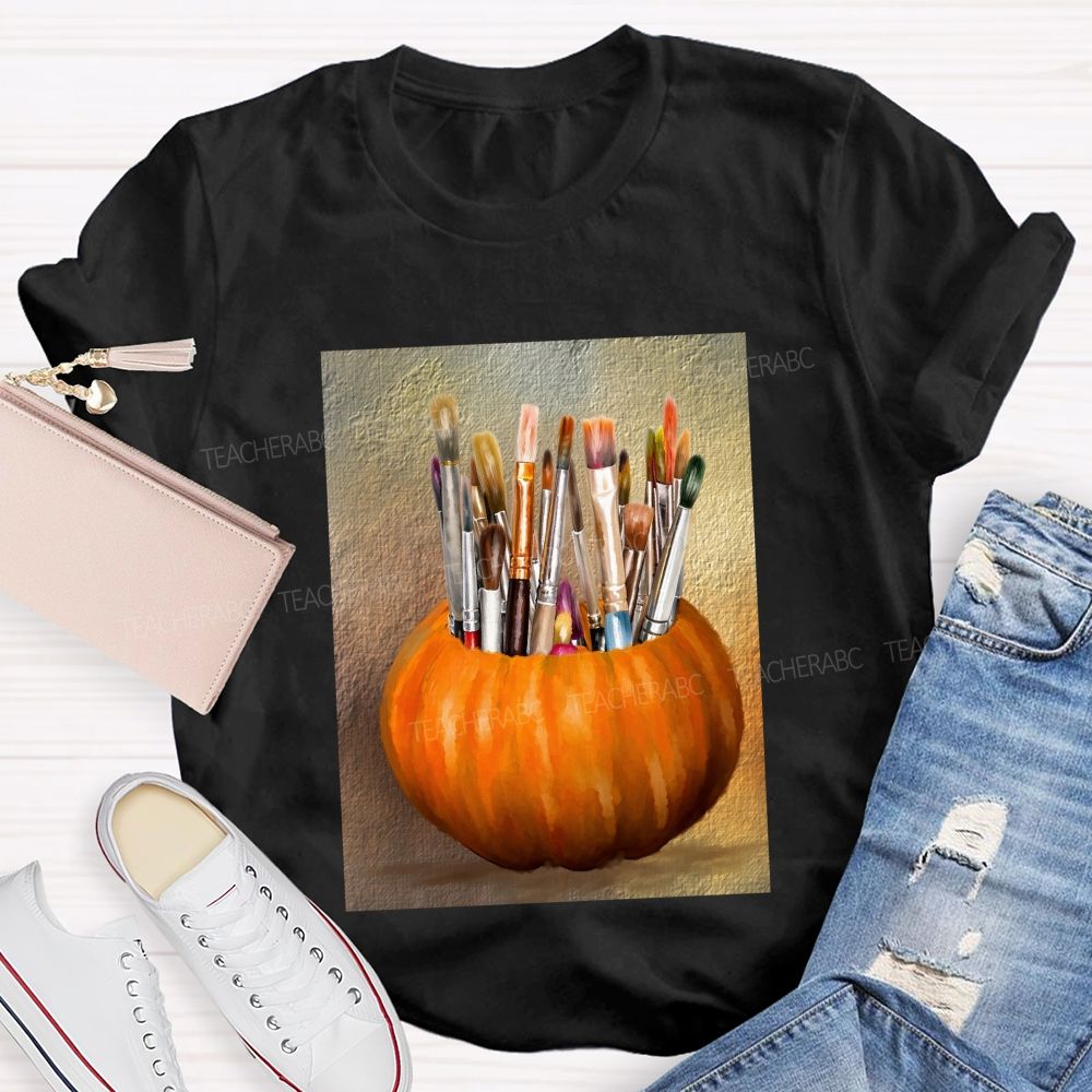 Fall Art Teacher Pumpkin Paint Brushes Teacher T-shirt