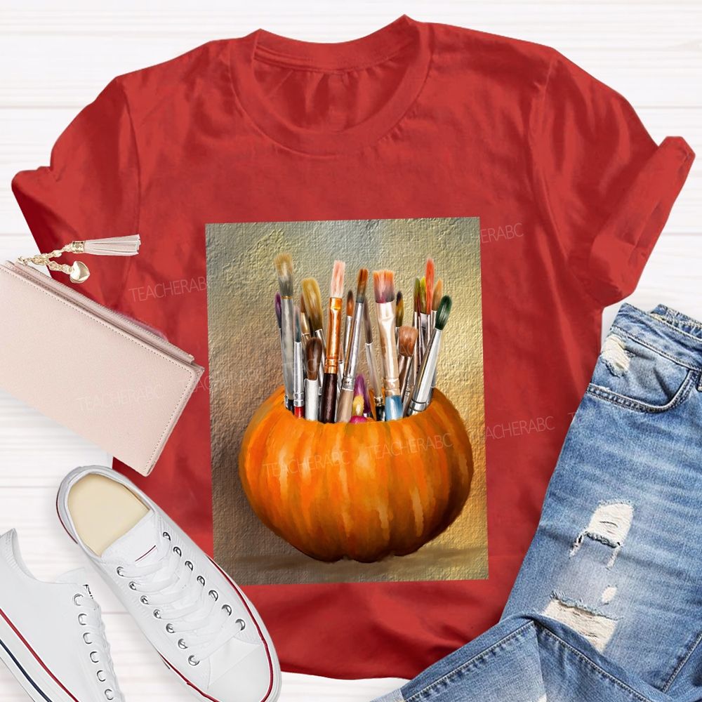 Fall Art Teacher Pumpkin Paint Brushes Teacher T-shirt