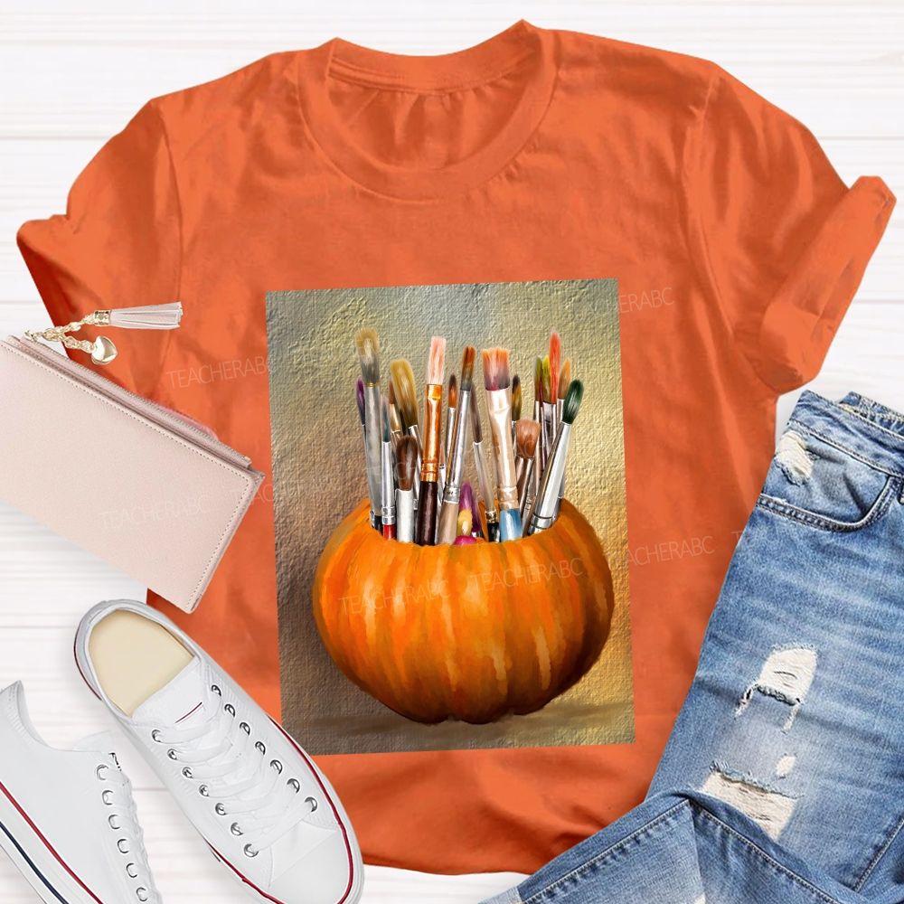 Fall Art Teacher Pumpkin Paint Brushes Teacher T-shirt