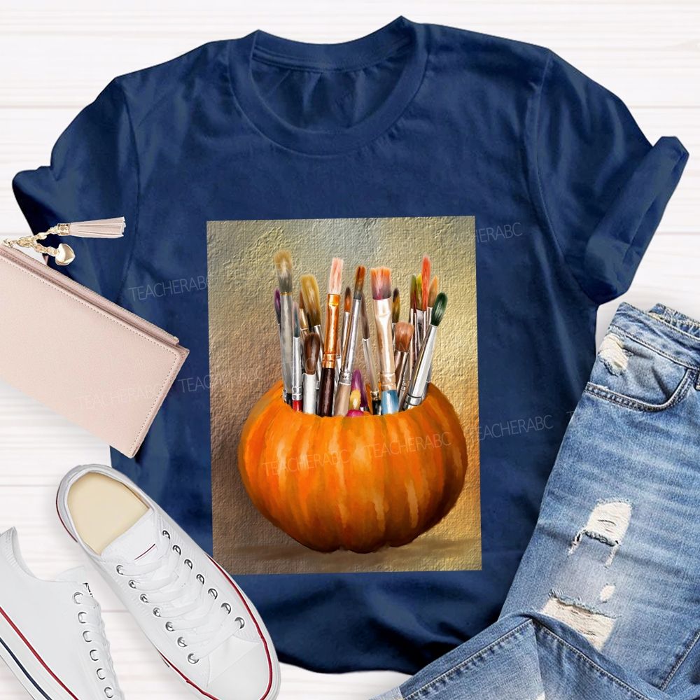 Fall Art Teacher Pumpkin Paint Brushes Teacher T-shirt