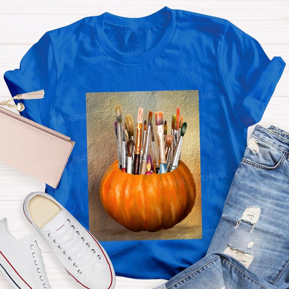 Fall Art Teacher Pumpkin Paint Brushes Teacher T-shirt