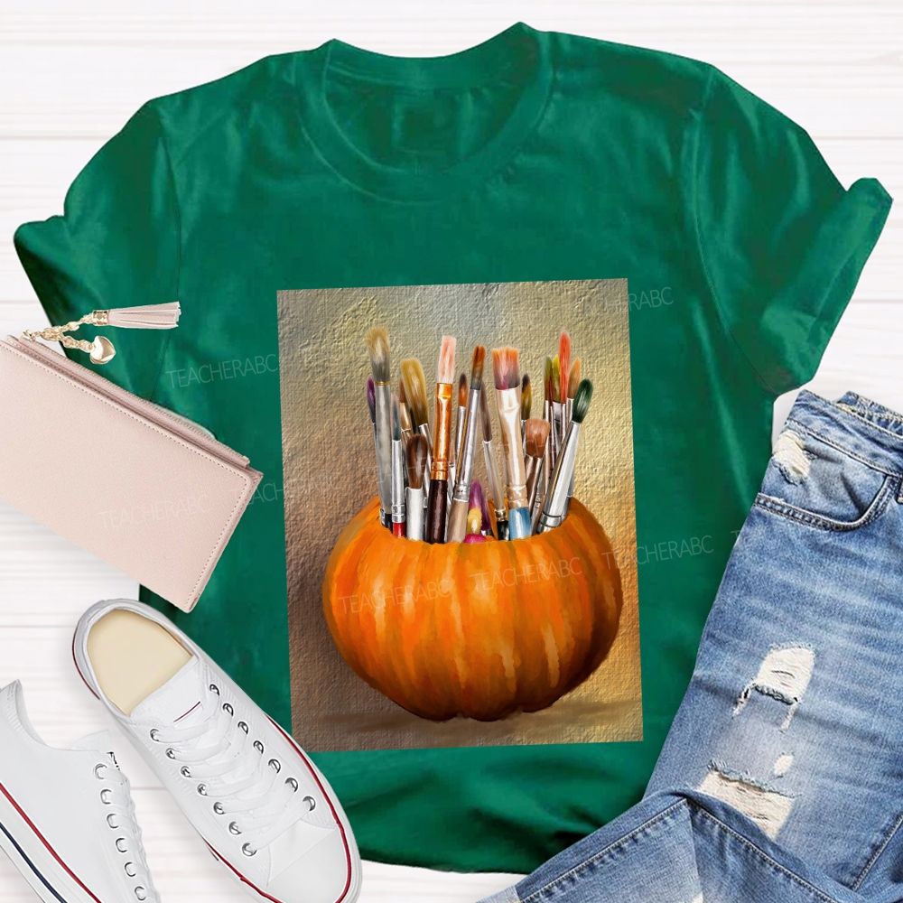 Fall Art Teacher Pumpkin Paint Brushes Teacher T-shirt