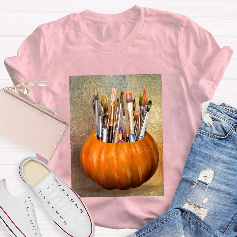 Fall Art Teacher Pumpkin Paint Brushes Teacher T-shirt