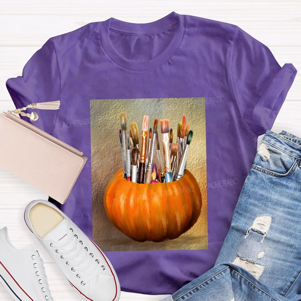 Fall Art Teacher Pumpkin Paint Brushes Teacher T-shirt
