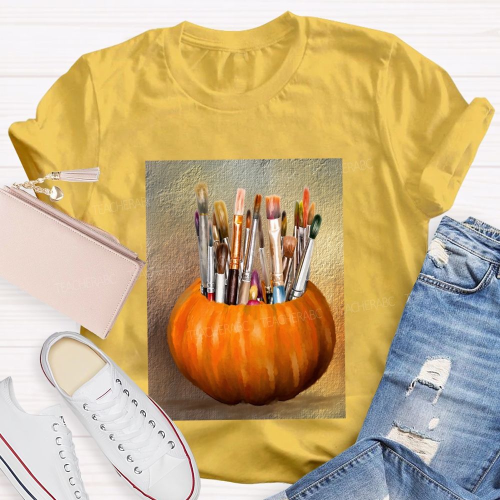 Fall Art Teacher Pumpkin Paint Brushes Teacher T-shirt