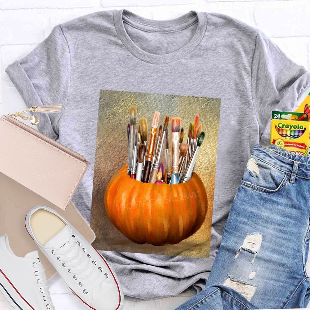 Fall Art Teacher Pumpkin Paint Brushes Teacher T-shirt