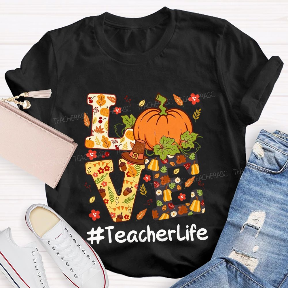 Fall Teacher Life Thanksgiving Pumpkin Graphic Teacher T-shirt