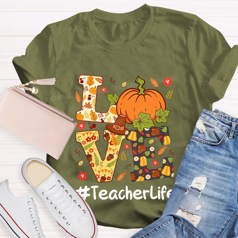 Fall Teacher Life Thanksgiving Pumpkin Graphic Teacher T-shirt