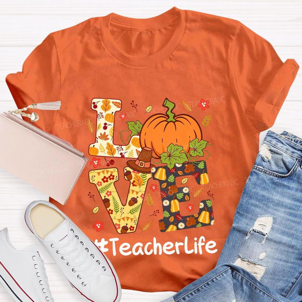 Fall Teacher Life Thanksgiving Pumpkin Graphic Teacher T-shirt