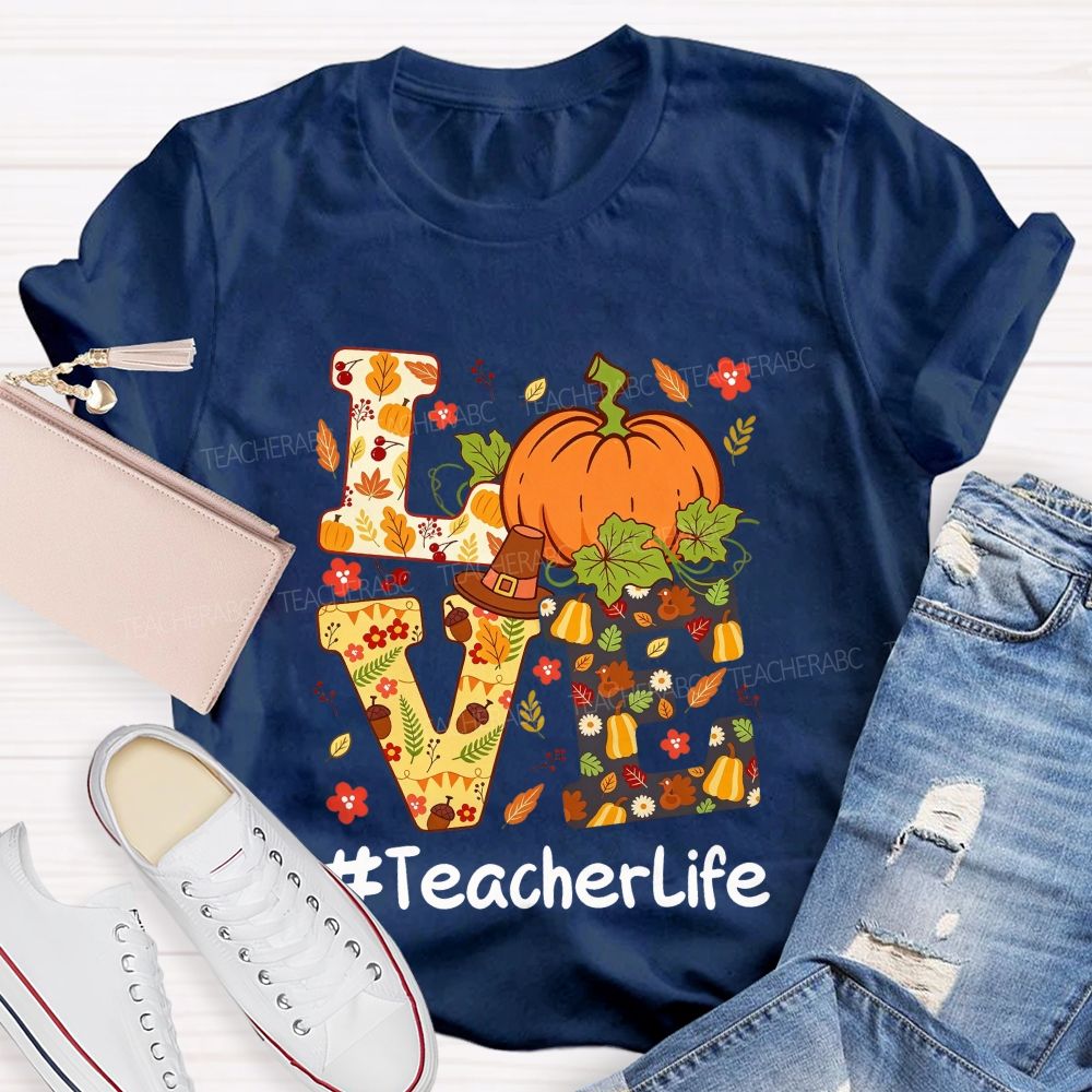 Fall Teacher Life Thanksgiving Pumpkin Graphic Teacher T-shirt