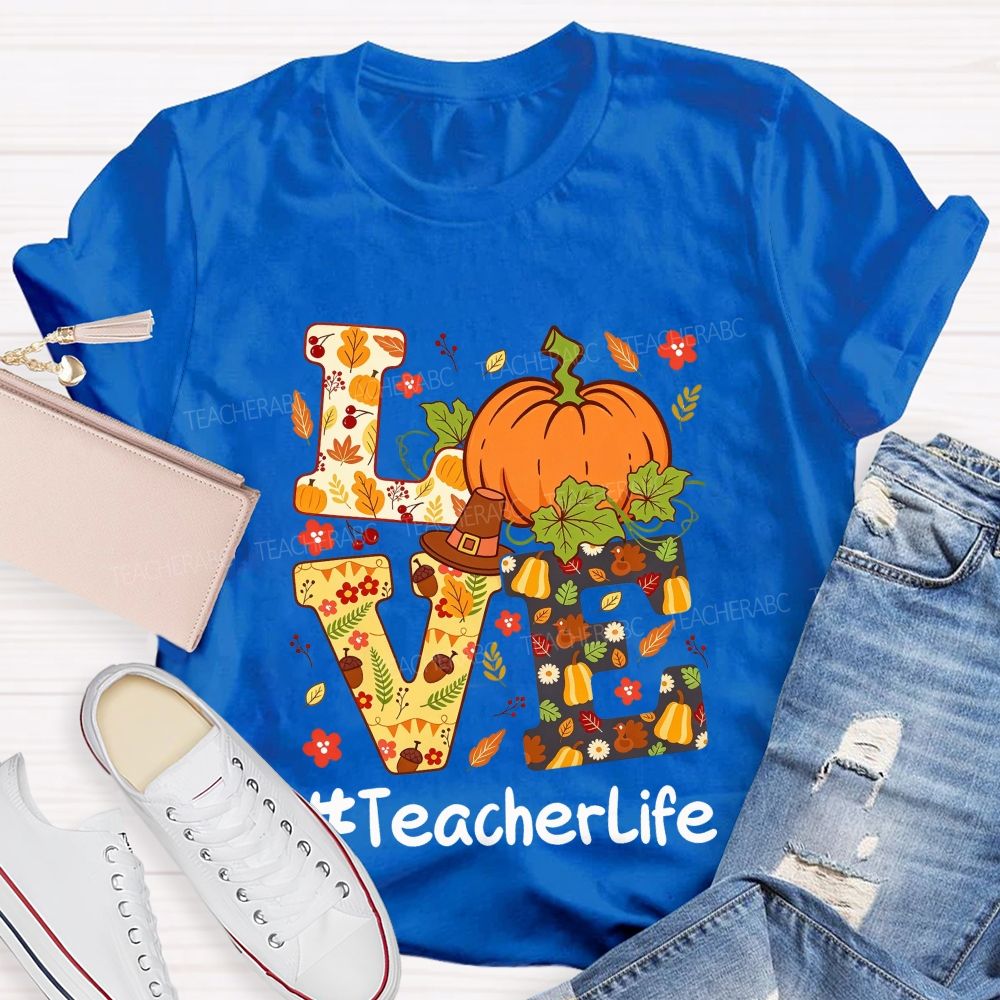 Fall Teacher Life Thanksgiving Pumpkin Graphic Teacher T-shirt