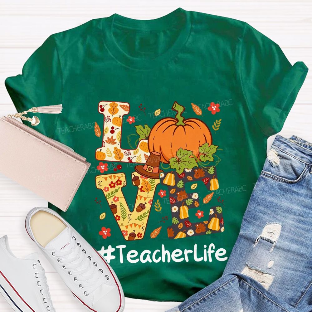 Fall Teacher Life Thanksgiving Pumpkin Graphic Teacher T-shirt