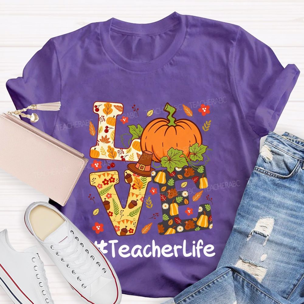 Fall Teacher Life Thanksgiving Pumpkin Graphic Teacher T-shirt