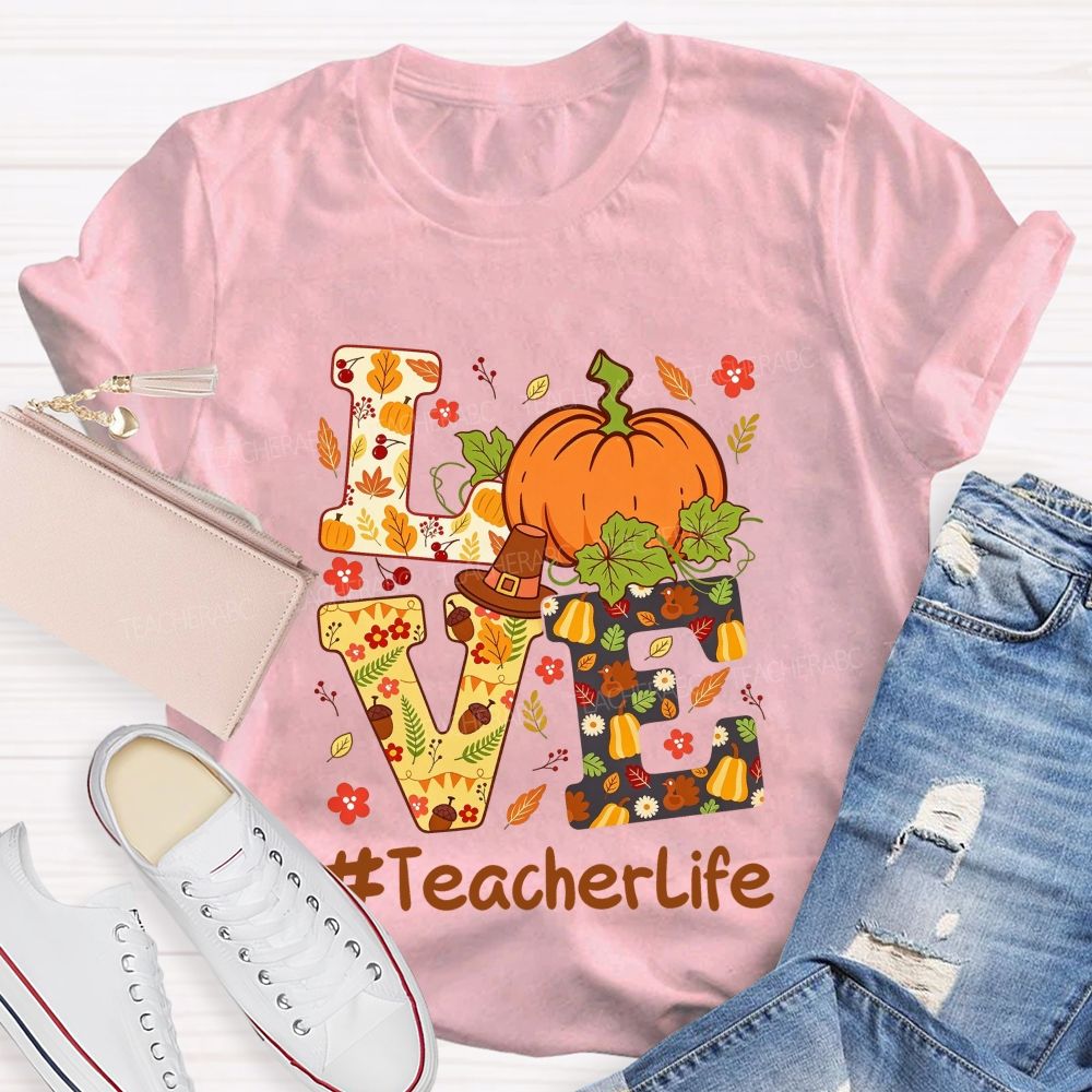 Fall Teacher Life Thanksgiving Pumpkin Graphic Teacher T-shirt