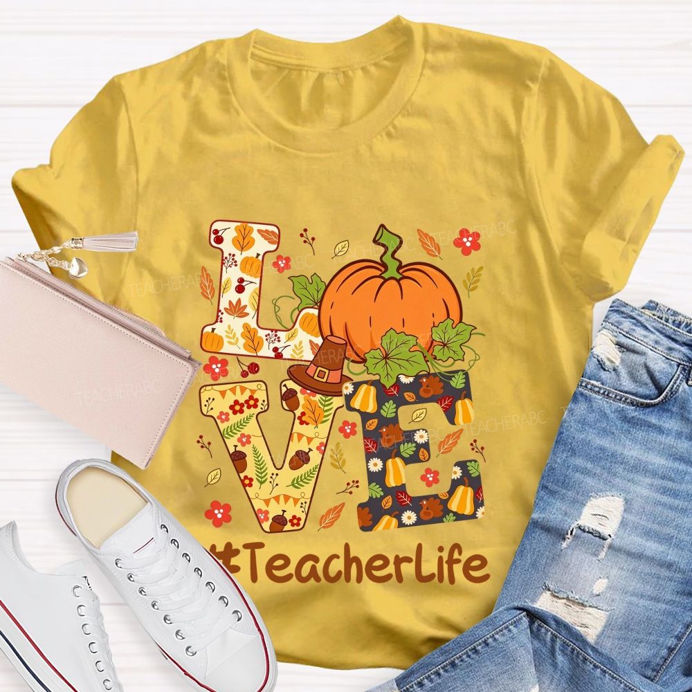 Fall Teacher Life Thanksgiving Pumpkin Graphic Teacher T-shirt