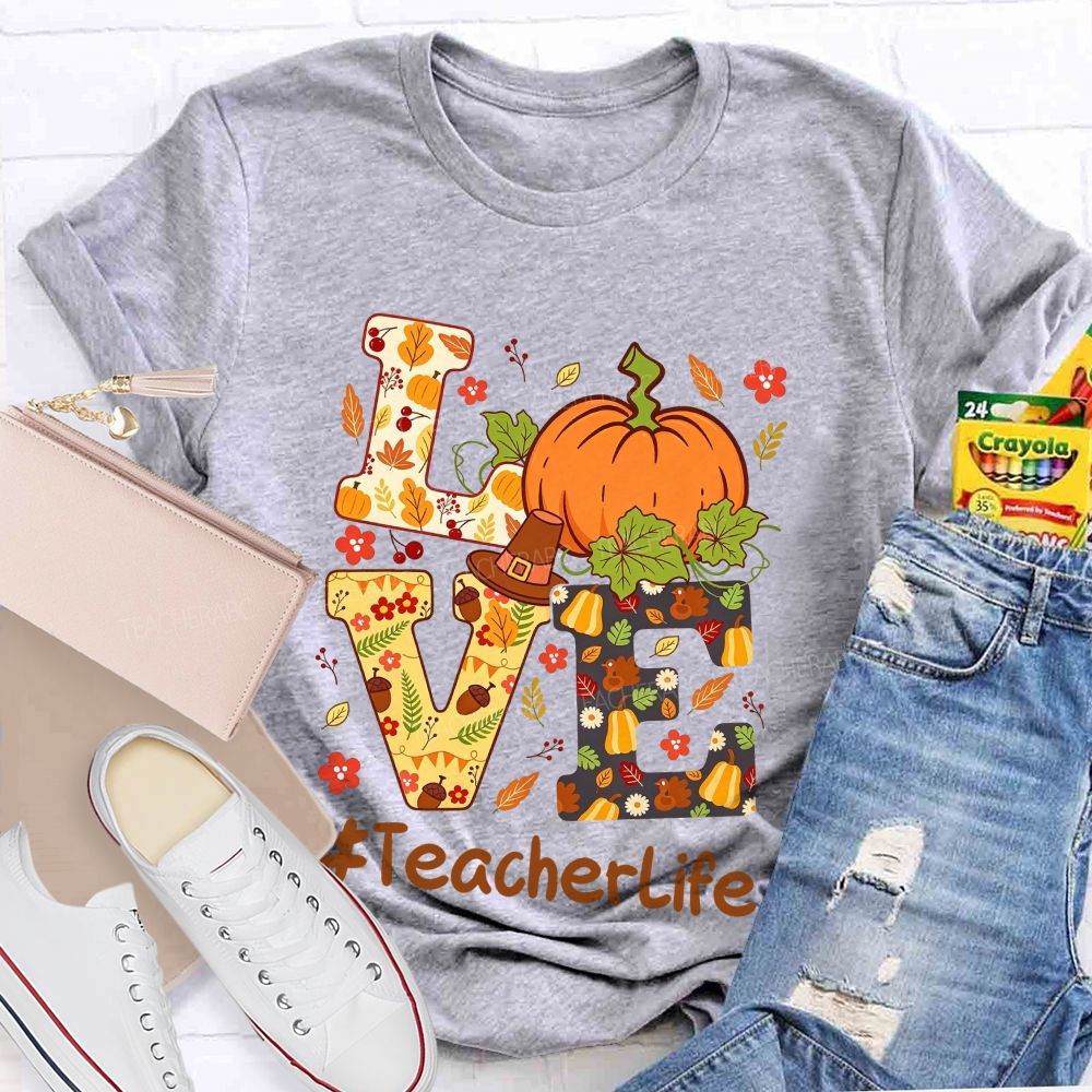 Fall Teacher Life Thanksgiving Pumpkin Graphic Teacher T-shirt