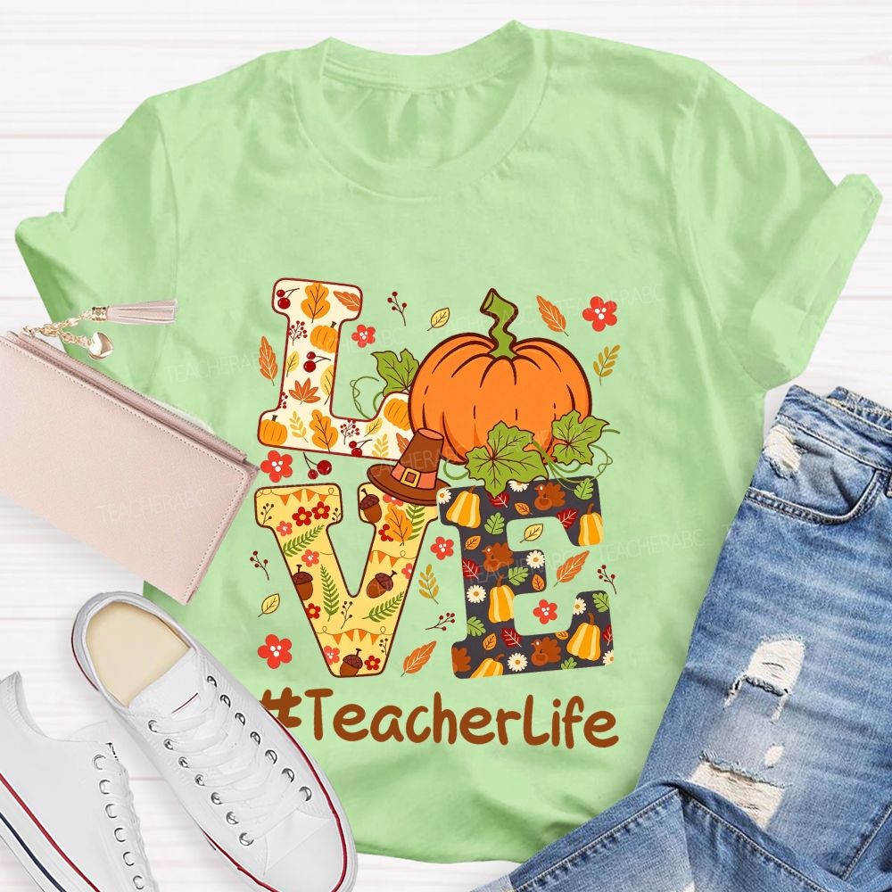 Fall Teacher Life Thanksgiving Pumpkin Graphic Teacher T-shirt