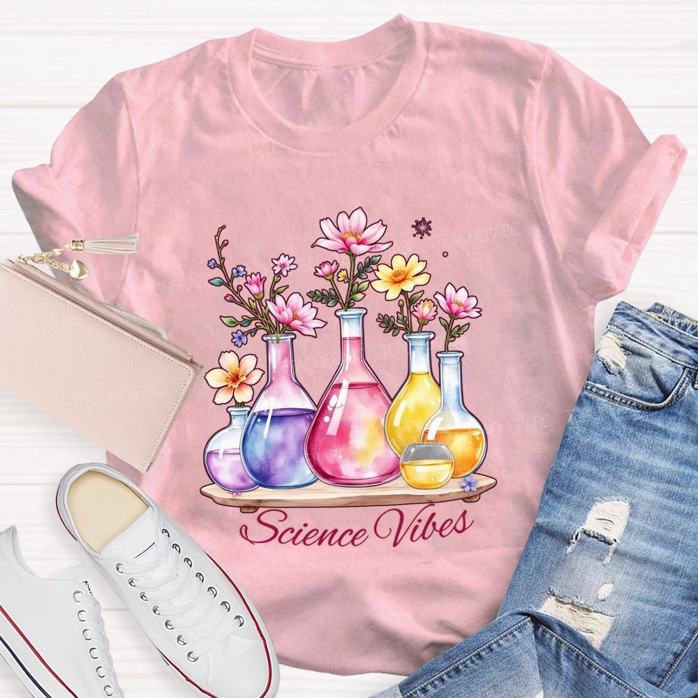 Science Vibes Floral Reagent bottle Teacher T-shirt