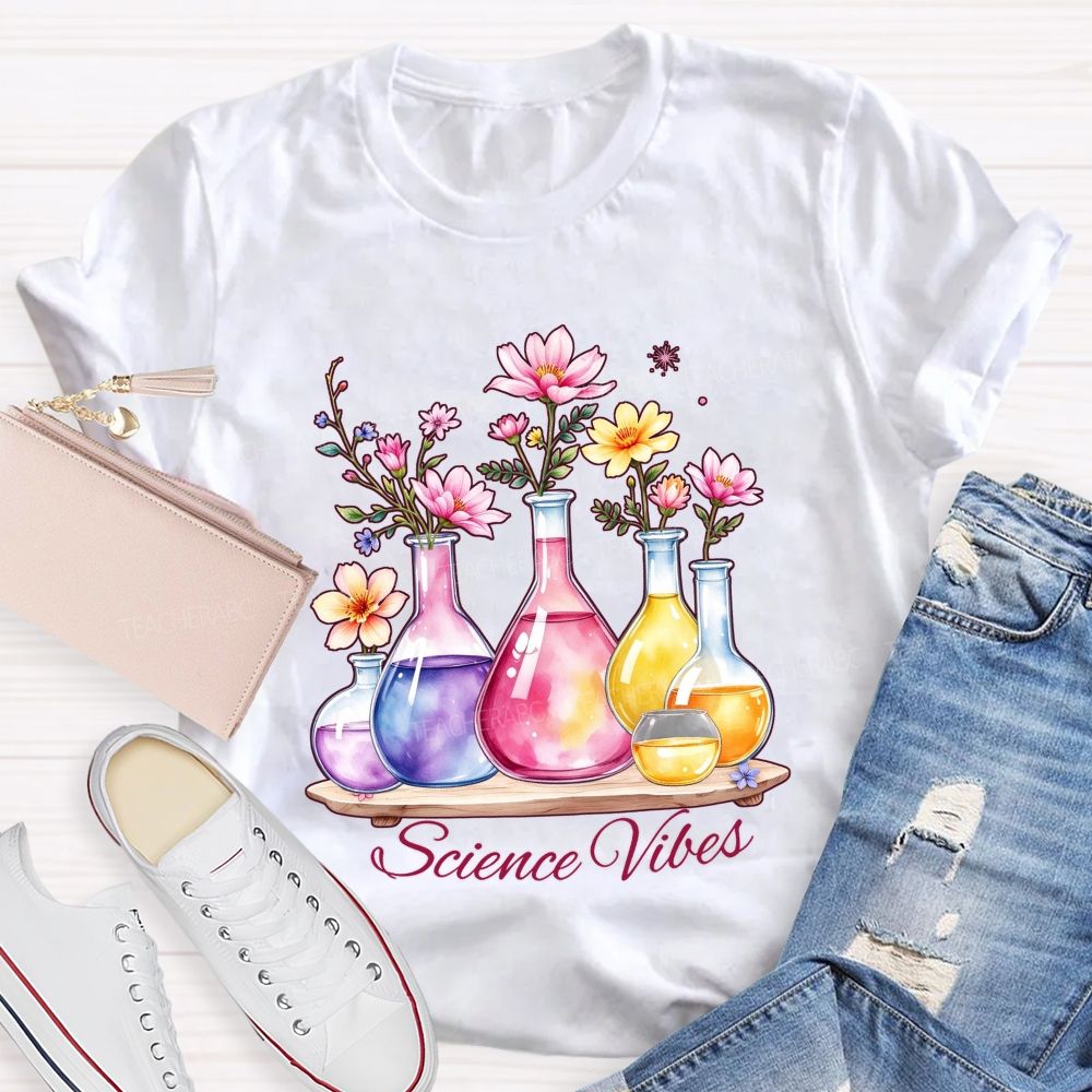 Science Vibes Floral Reagent bottle Teacher T-shirt