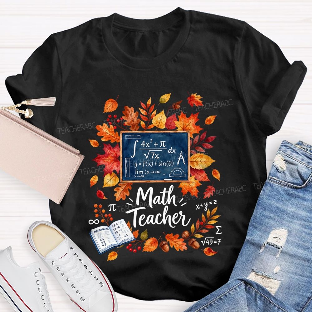 Autumn Math Teacher Leaves Wreath Teacher T-shirt