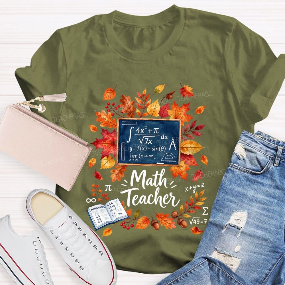 Autumn Math Teacher Leaves Wreath Teacher T-shirt