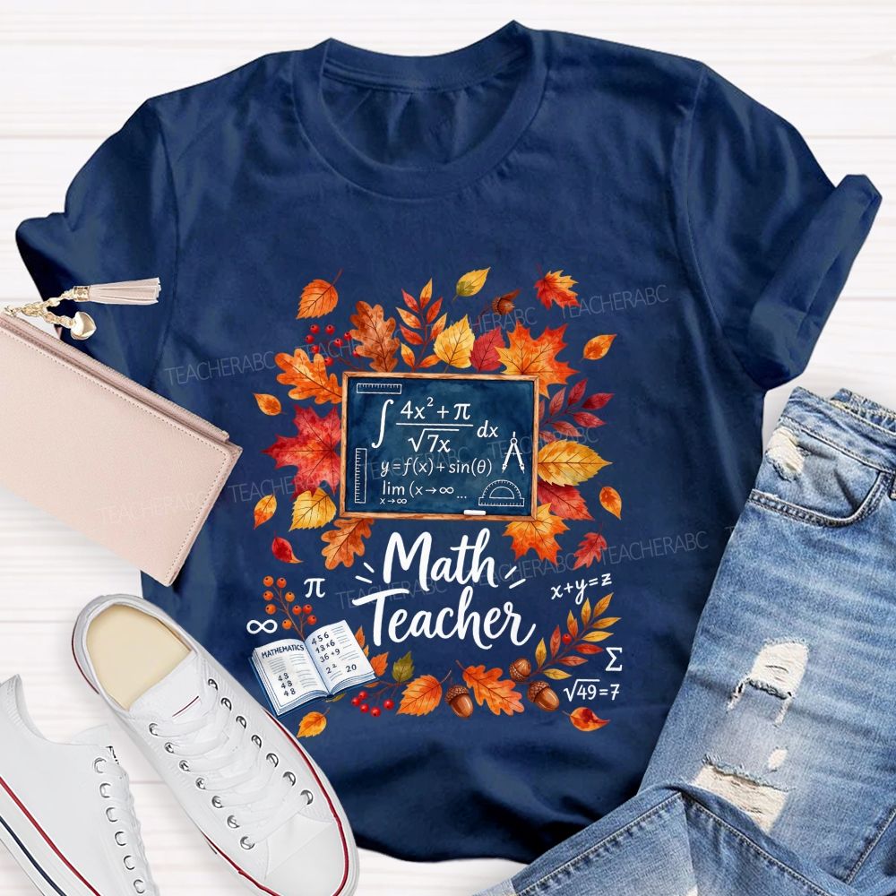 Autumn Math Teacher Leaves Wreath Teacher T-shirt