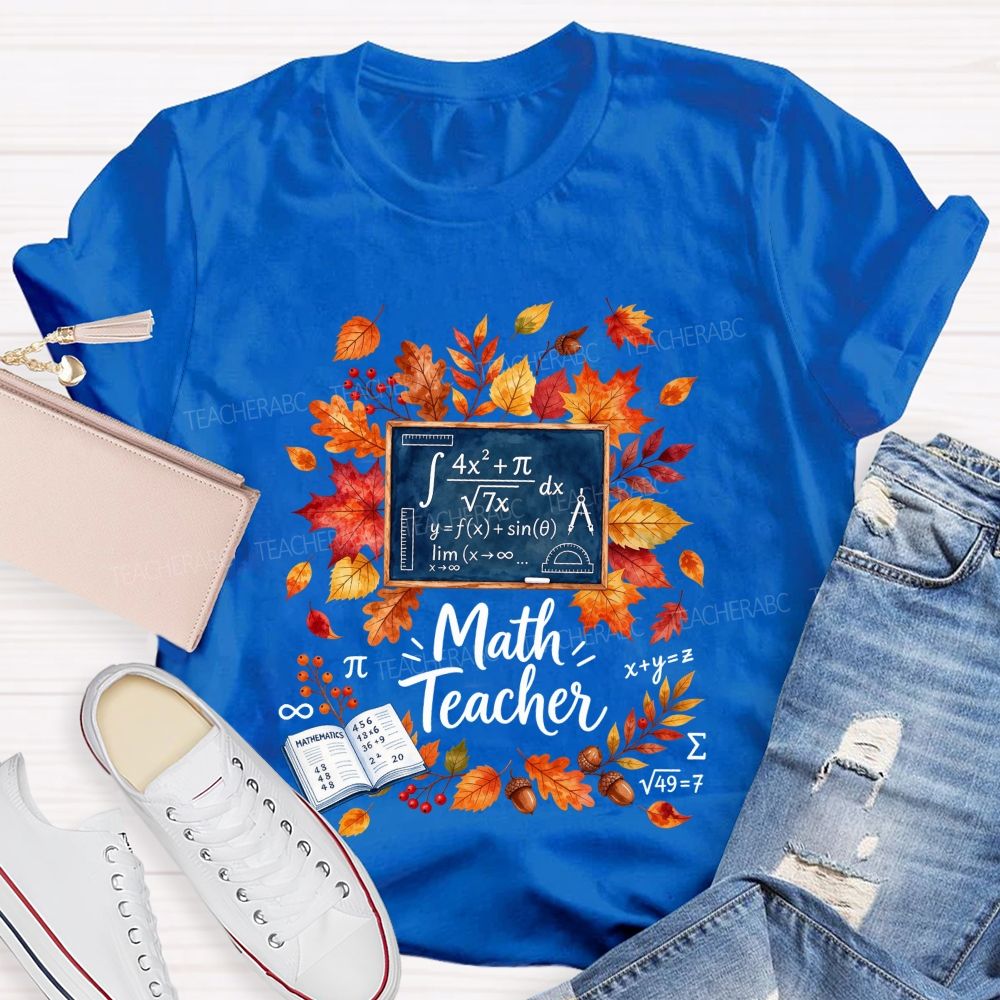 Autumn Math Teacher Leaves Wreath Teacher T-shirt