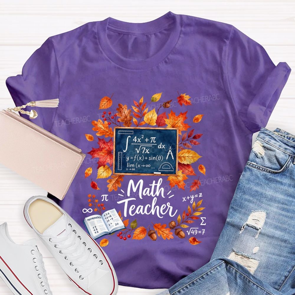 Autumn Math Teacher Leaves Wreath Teacher T-shirt