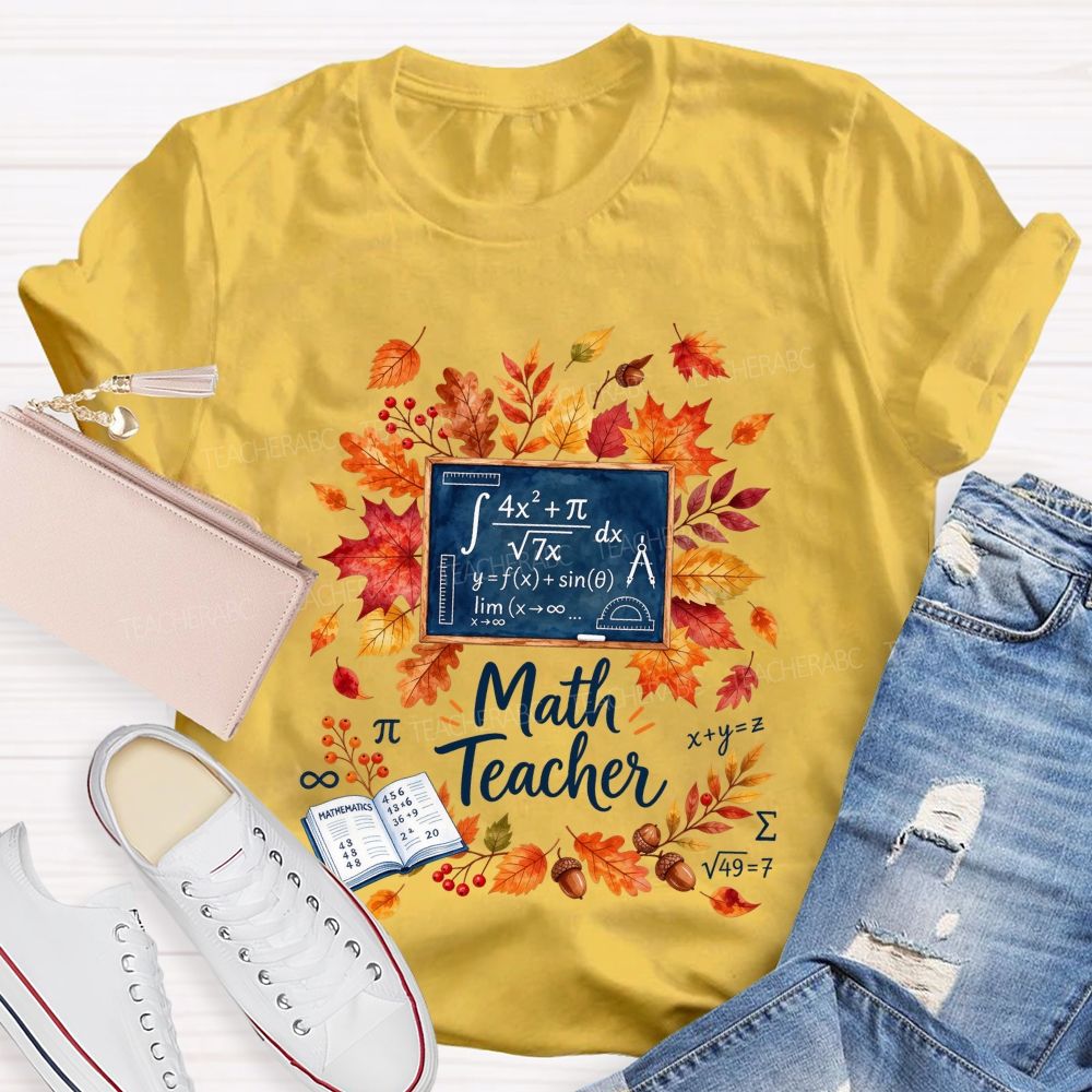 Autumn Math Teacher Leaves Wreath Teacher T-shirt
