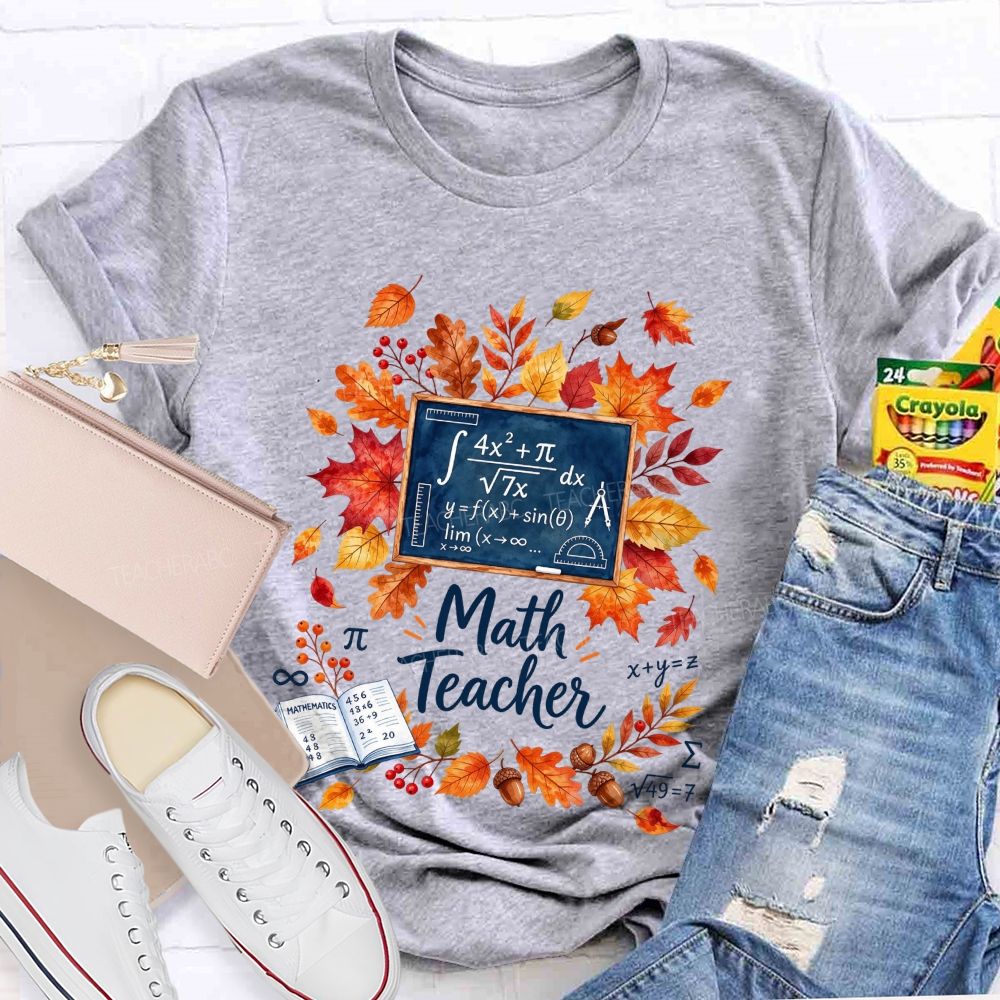 Autumn Math Teacher Leaves Wreath Teacher T-shirt