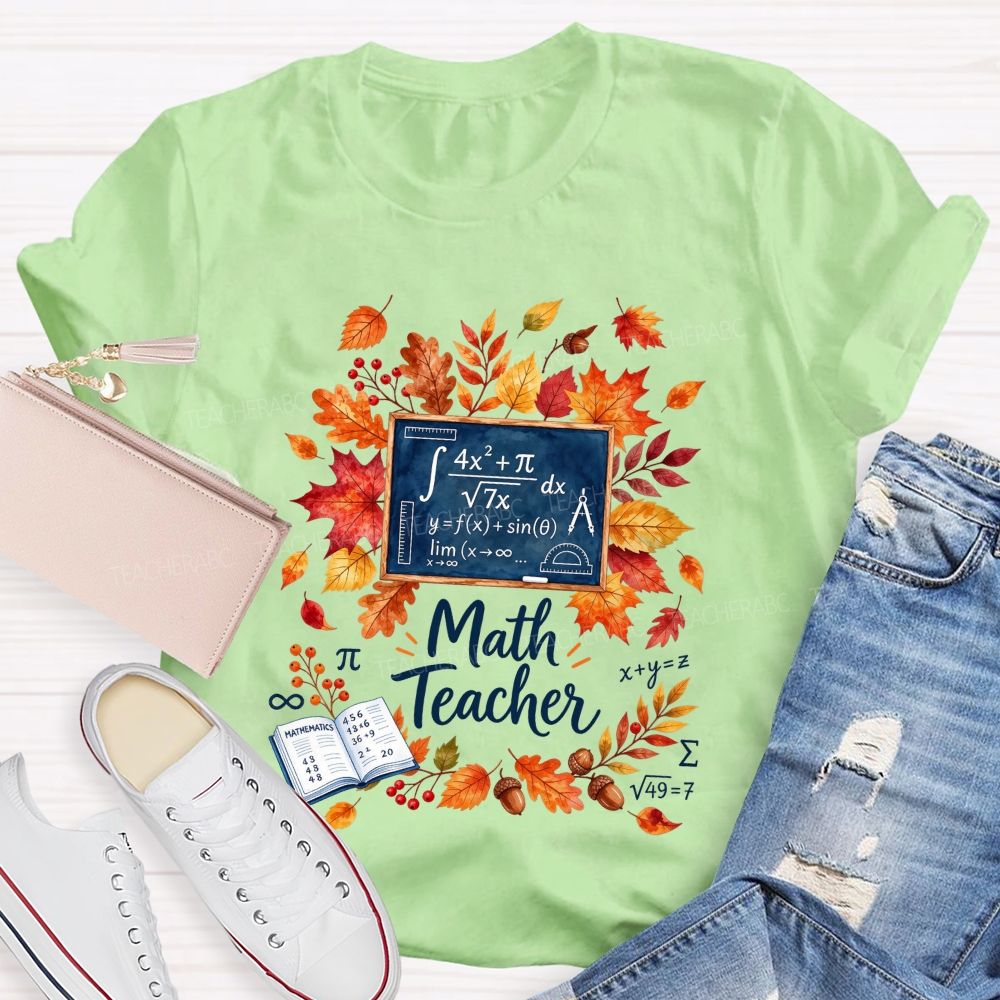Autumn Math Teacher Leaves Wreath Teacher T-shirt