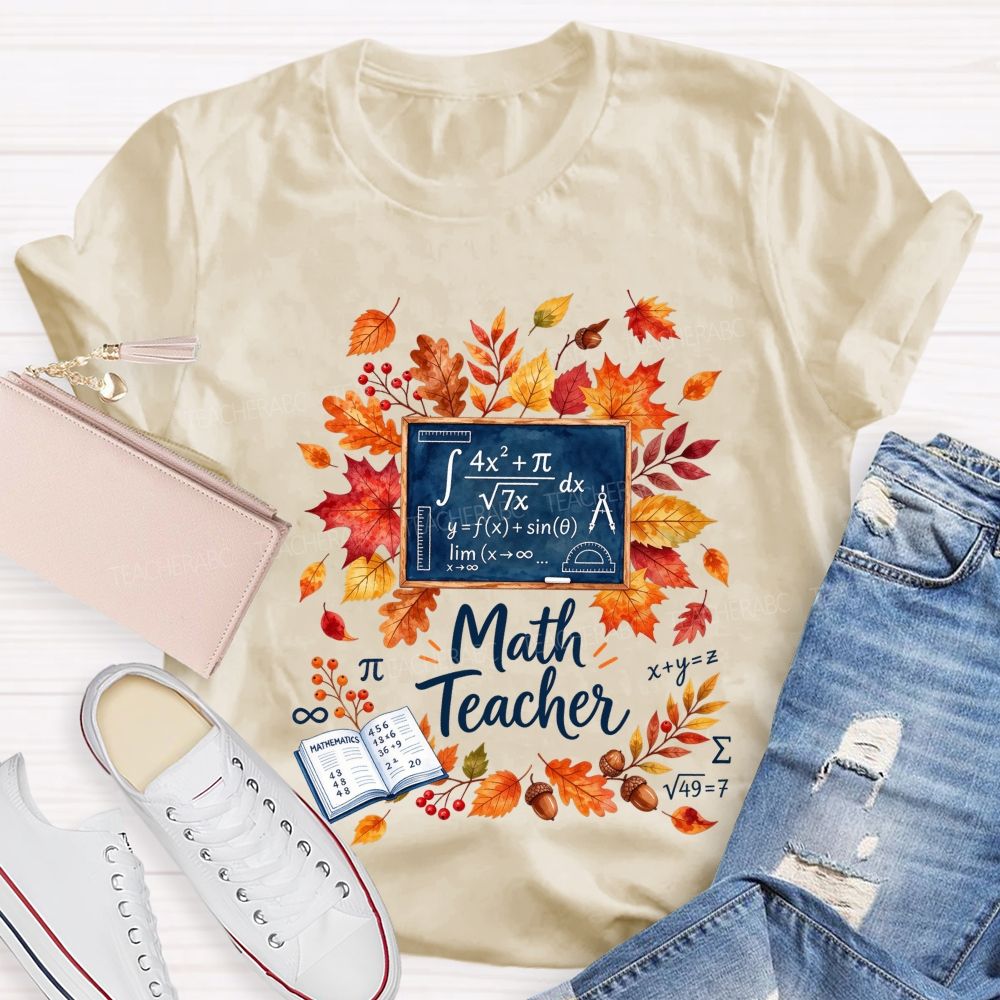 Autumn Math Teacher Leaves Wreath Teacher T-shirt